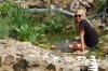 Ema (Sorry! A Big White Bear) cooling her stung foot in our garden pond